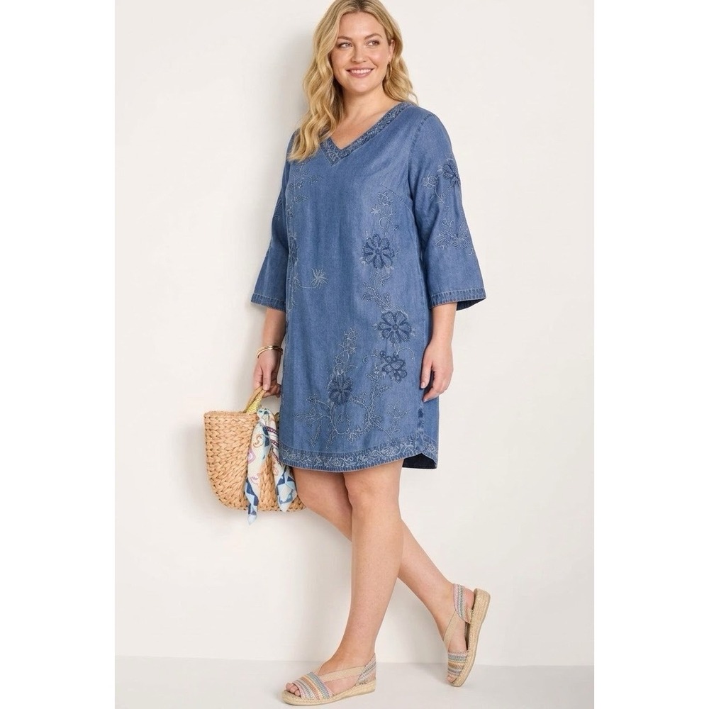 Soft Surroundings Women's Dress Sz 3x Blue Floral Embroidered Tencel Tunic